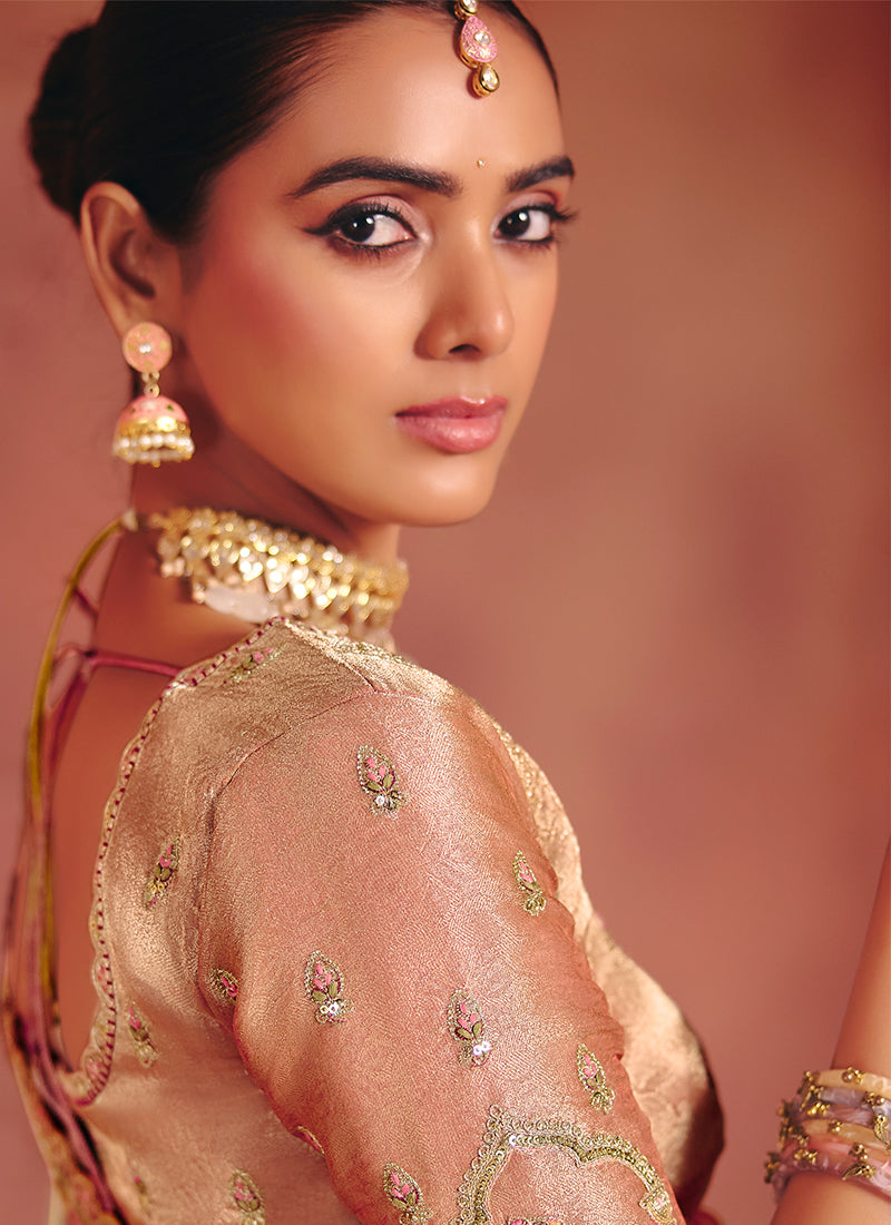 Beige and Peach Multi Embroidery Wedding Silk Saree