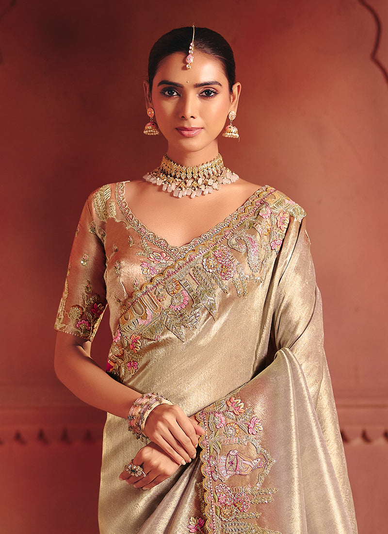 Beige and Peach Multi Embroidery Wedding Silk Saree