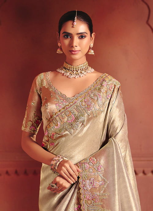 Beige and Peach Multi Embroidery Wedding Silk Saree