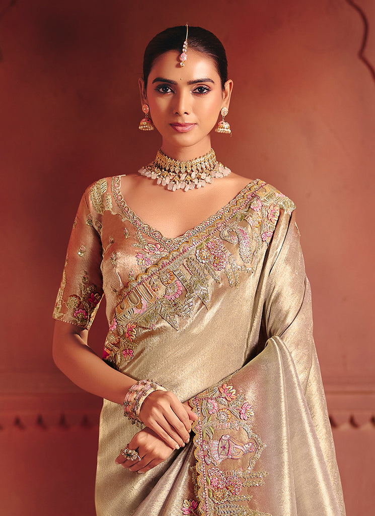 Beige and Peach Multi Embroidery Wedding Silk Saree