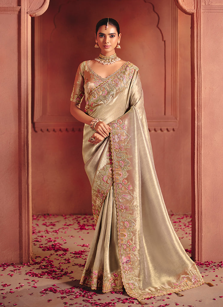 Beige and Peach Multi Embroidery Wedding Silk Saree