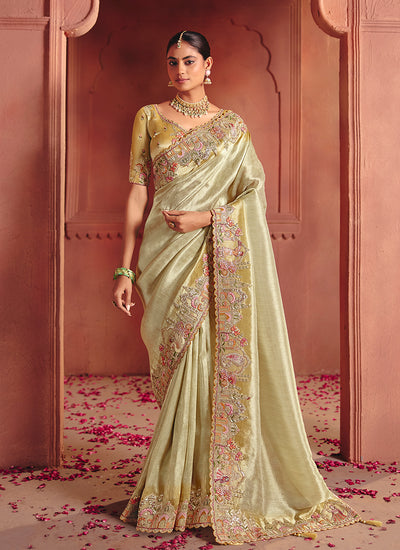 Lime Green and Yellow Multi Embroidery Wedding Silk Saree