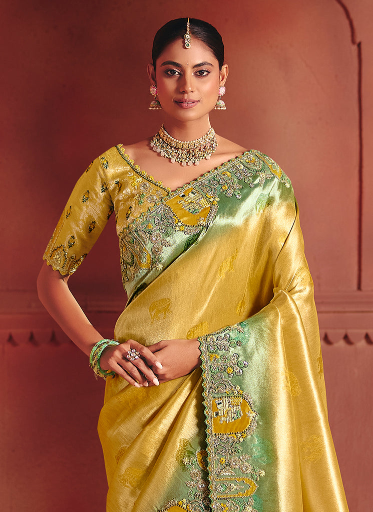 Yellow and Green Multi Embroidery Wedding Silk Saree