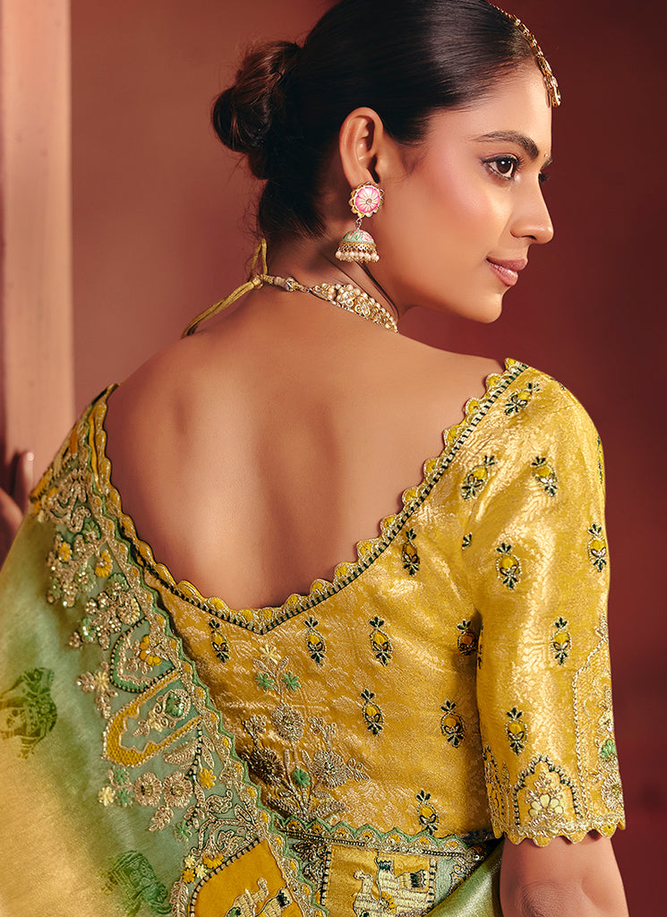 Yellow and Green Multi Embroidery Wedding Silk Saree