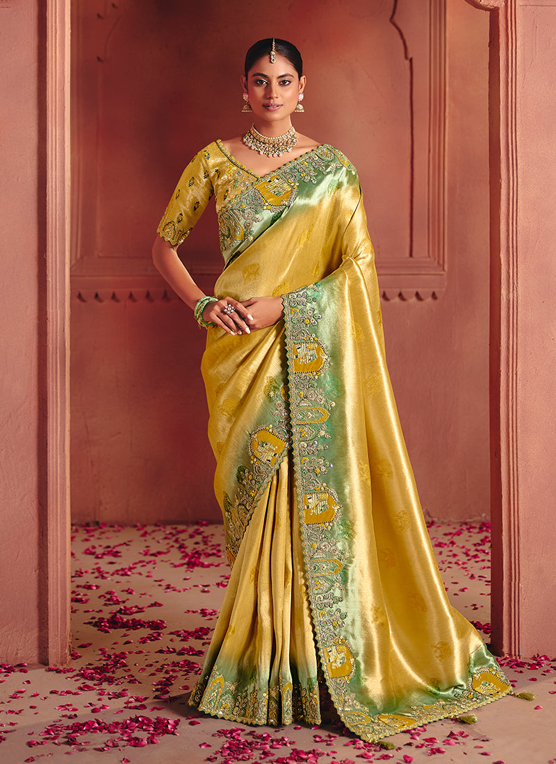 Yellow and Green Multi Embroidery Wedding Silk Saree