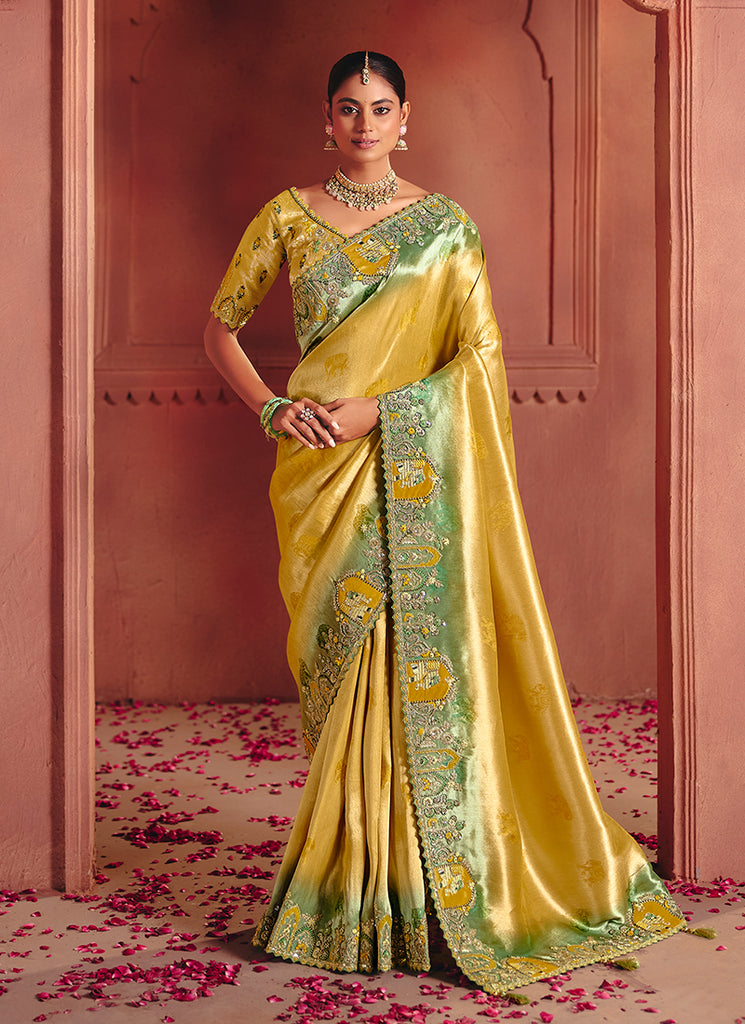 Yellow and Green Multi Embroidery Wedding Silk Saree