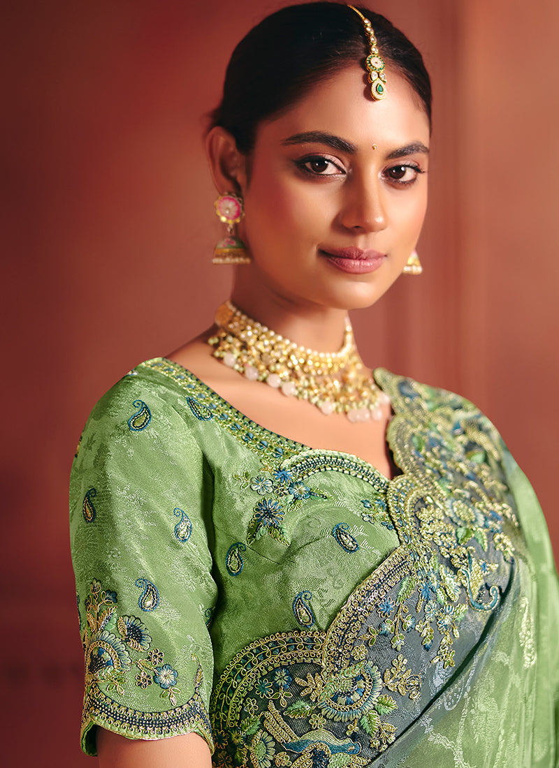 Green and Blue Multi Embroidery Wedding Silk Saree