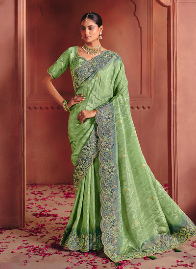 Green and Blue Multi Embroidery Wedding Silk Saree