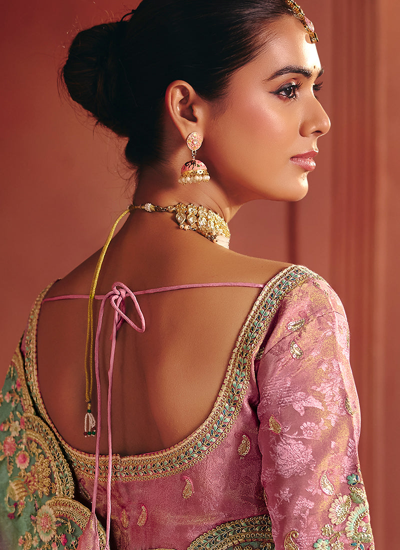 Pink and Teal Multi Embroidery Wedding Silk Saree