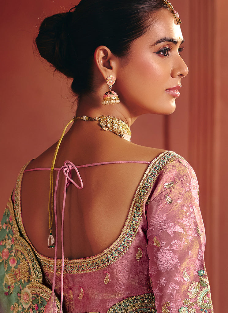 Pink and Teal Multi Embroidery Wedding Silk Saree