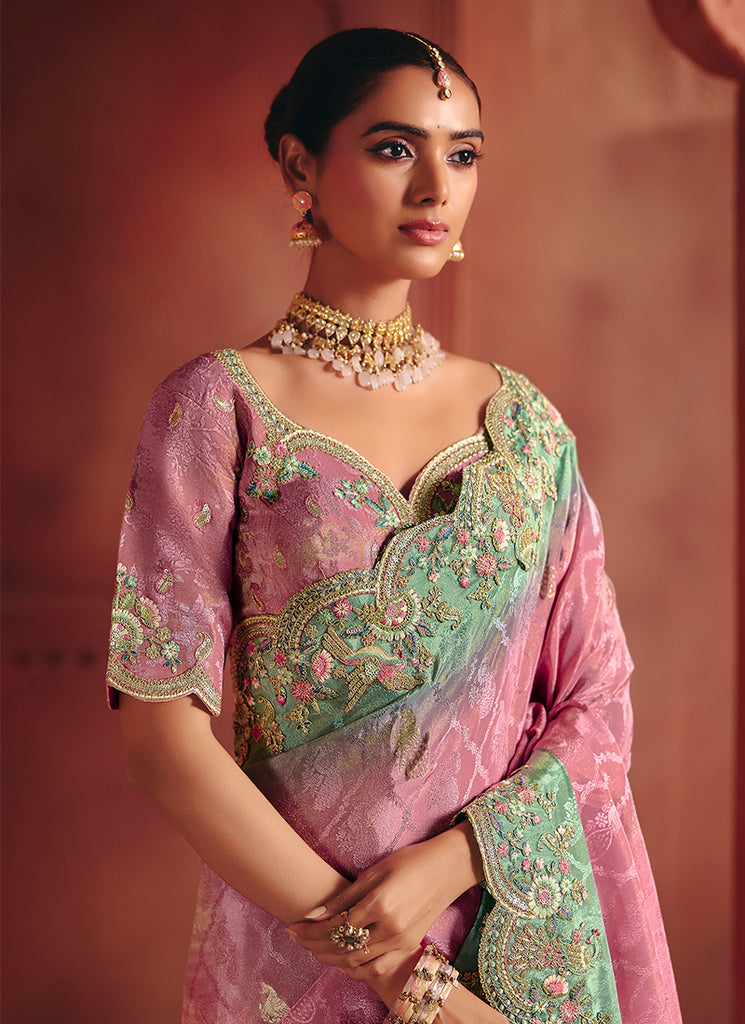 Pink and Teal Multi Embroidery Wedding Silk Saree