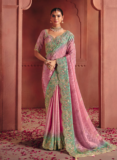 Pink and Teal Multi Embroidery Wedding Silk Saree