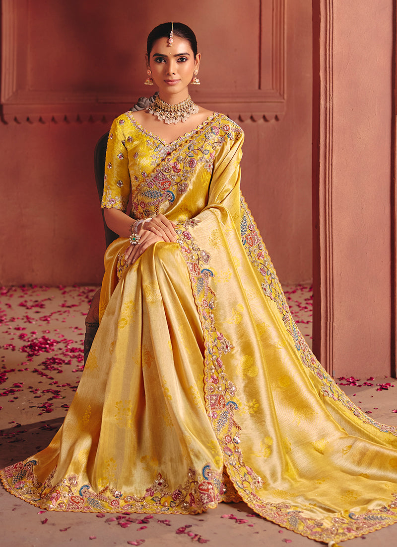 Yellow Multi Embroidery Wedding Silk Saree