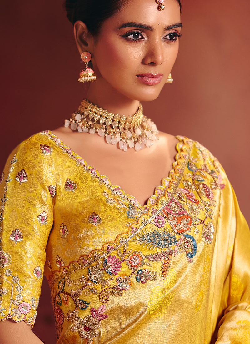 Yellow Multi Embroidery Wedding Silk Saree