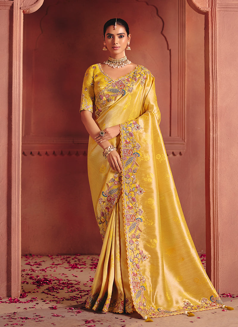 Yellow Multi Embroidery Wedding Silk Saree
