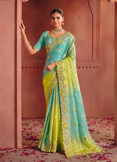 Turquoise and Green Multi Embroidery Wedding Silk Saree
