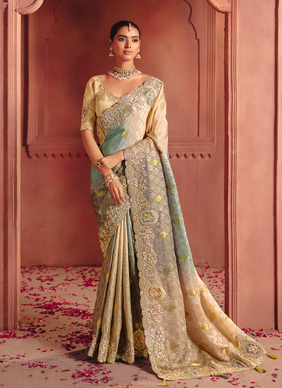Cream and Firozi Multi Embroidery Wedding Silk Saree