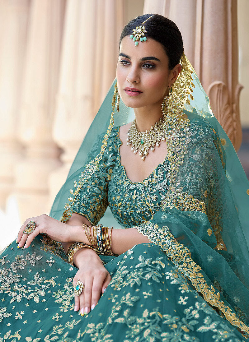 Buy Turquoise Designer Indian Wedding Lehenga Choli Online | Hatkay Buy Turquoise Designer Indian Wedding Lehenga Choli Online | Hatkay