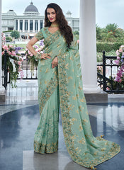 Mint Green Multi Embroidery Tissue Silk Saree