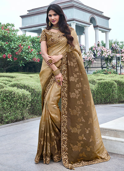Olive Green Multi Embroidery Tissue Silk Saree