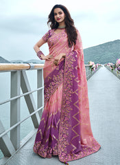 Pink And Purple Multi Embroidery Tissue Silk Saree