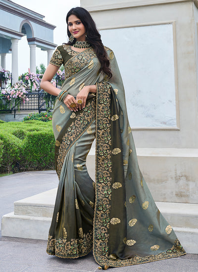 Grey Ombré Multi Embroidery Tissue Silk Saree