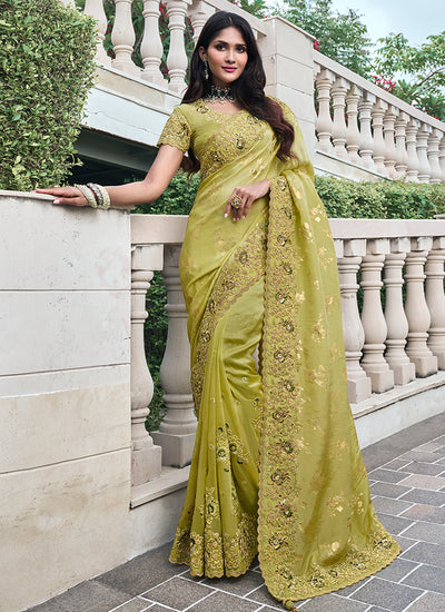 Lime Green Multi Embroidery Tissue Silk Saree
