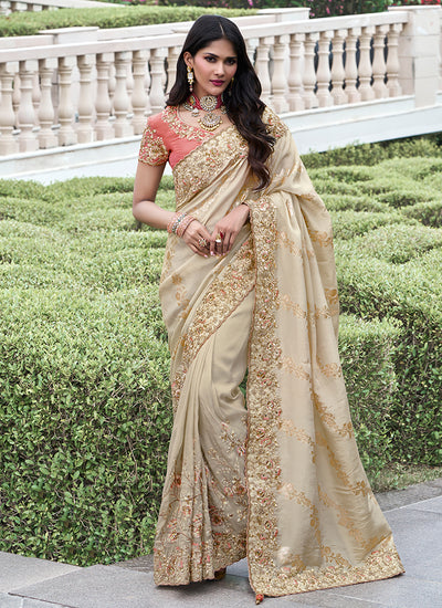 Beige Golden Multi Embroidery Tissue Silk Saree