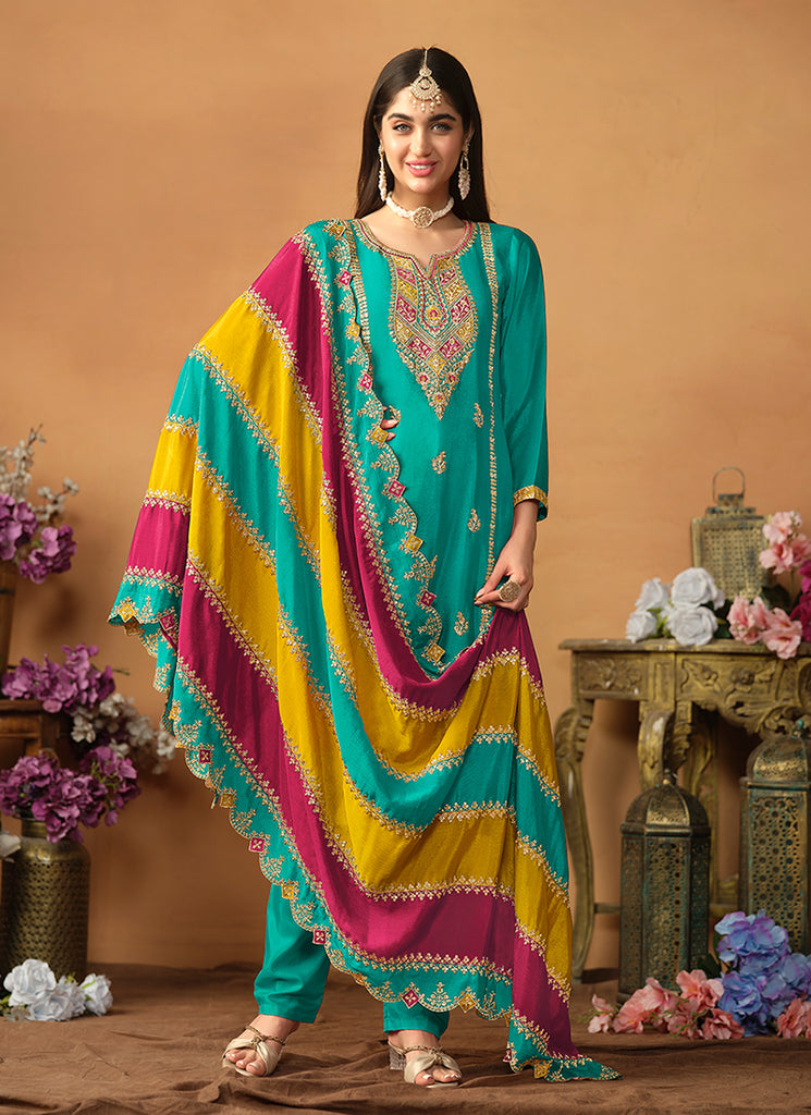 Teal Blue Multi Embroidery Traditional Pant Style Suit