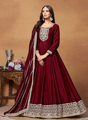 Deep Red Embroidered Wedding Wear Anarkali Suit