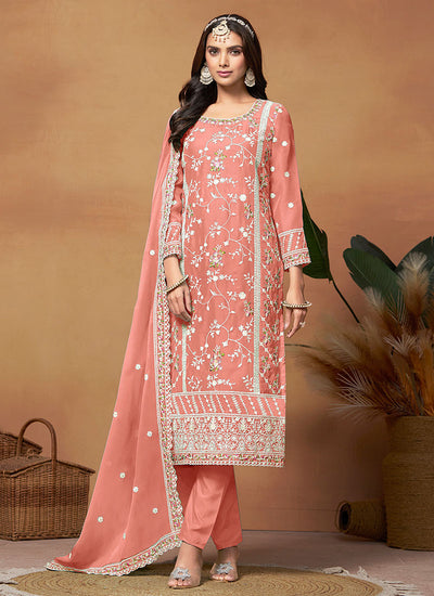 Peach Thread Embroidery Organza Salwar Suit