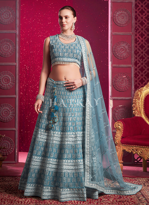 Persian Blue Embroidered Designer Lehenga Choli