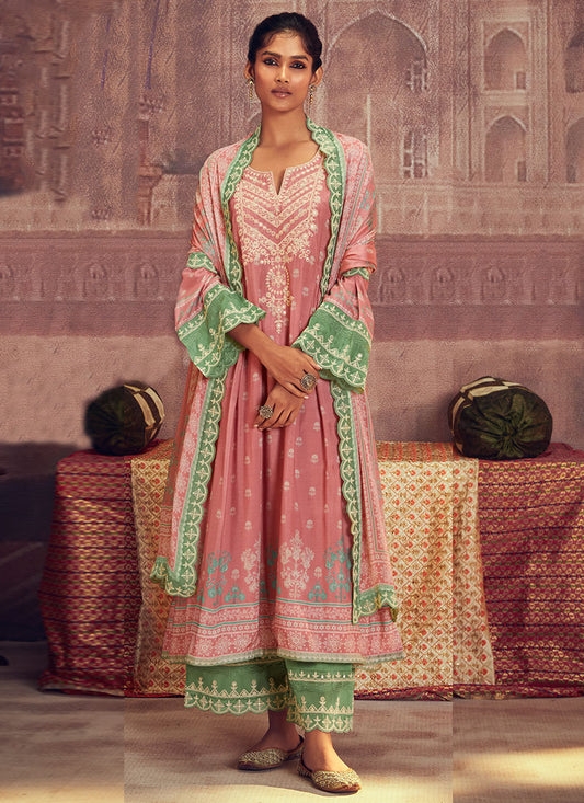 Pink And Green Thread Embroidery Anarkali Palazzo Suit