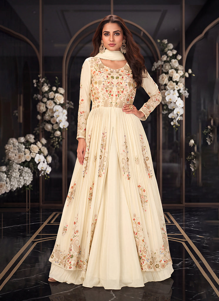 Ivory Multicoloured Embroidered Slit Style Anarkali Lehenga