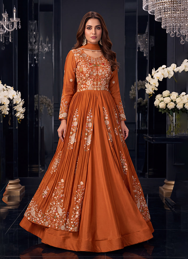 Rust Orange Multicoloured Embroidered Slit Style Anarkali Lehenga