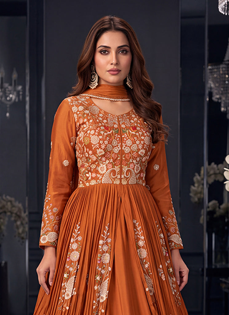 Rust Orange Multicoloured Embroidered Slit Style Anarkali Lehenga
