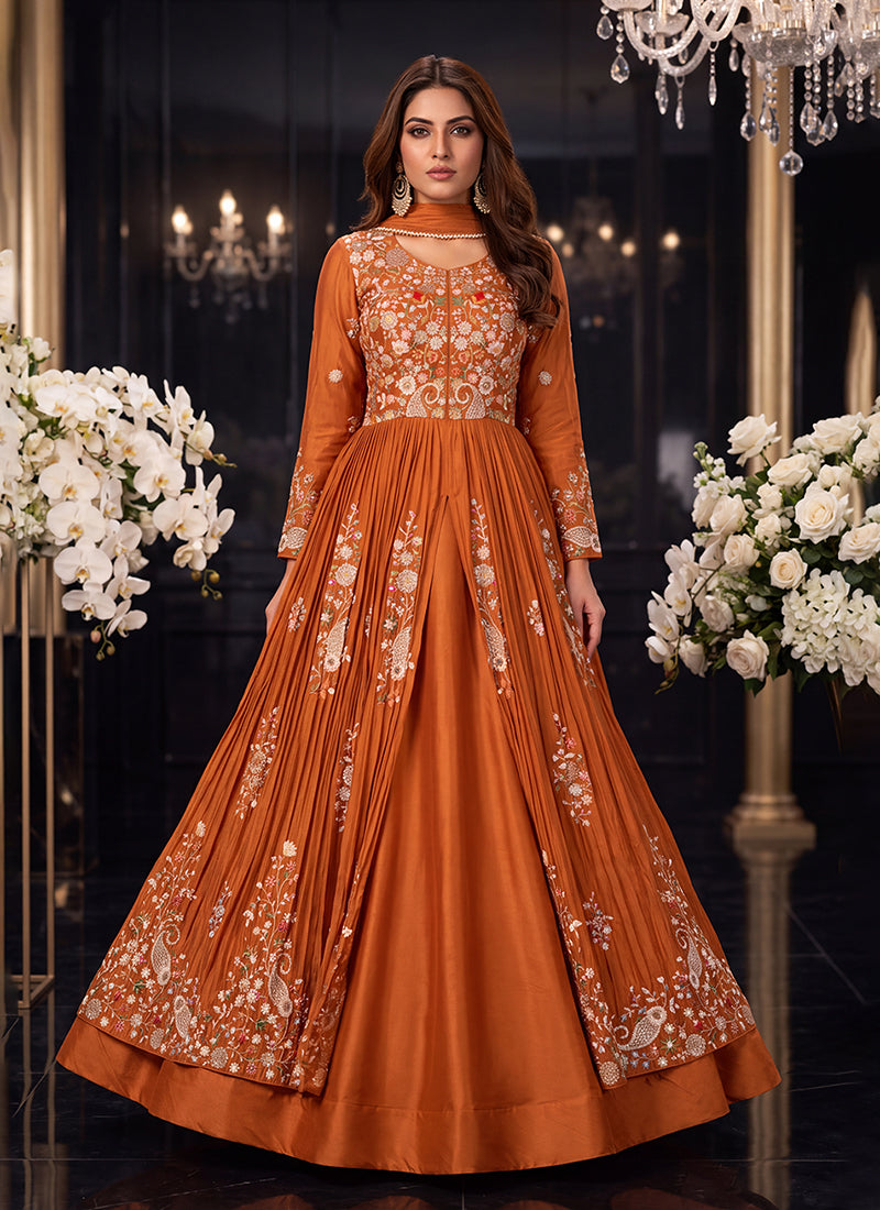 Rust Orange Multicoloured Embroidered Slit Style Anarkali Lehenga