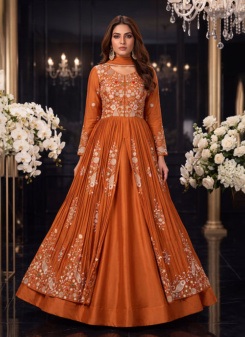 Rust Orange Multicoloured Embroidered Slit Style Anarkali Lehenga