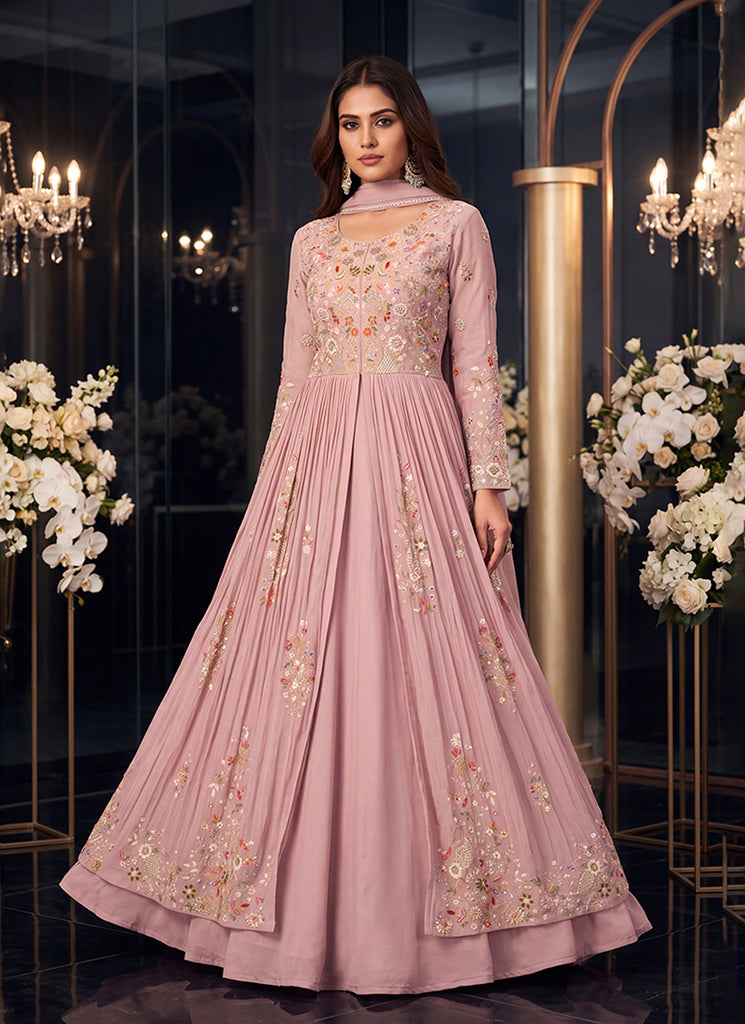 Dusty Pink Multicoloured Embroidered Slit Style Anarkali Lehenga