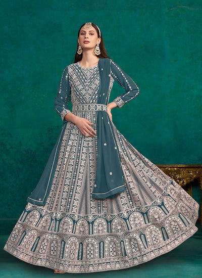 Turquoise Lucknowi Embroidery Kalidar Anarkali Suit