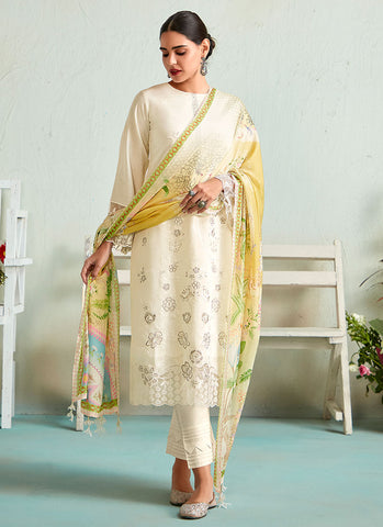 Off White Floral Embroidery Pakistani Salwar Kameez Suit