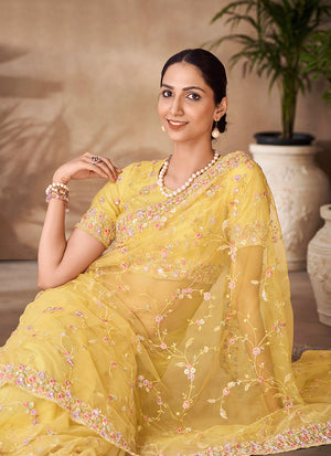 Amber Yellow Sequence Embroidery Party Wear Saree
