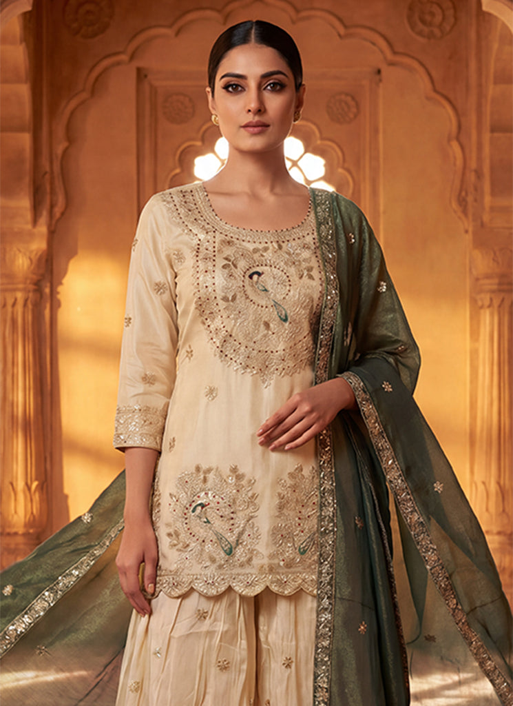 Buy Ivory Olive Gharara Suit In Canada