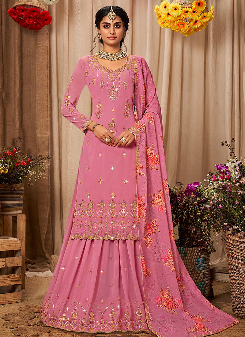 Pink Kashmiri Embroidery Lehenga Kurti And Dupatta