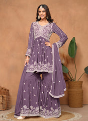 Purple Thread Embroidery Georgette Gharara Suit