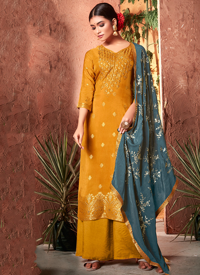 Yellow And Turquoise Traditional Sequence Embroidery Palazzo Suit