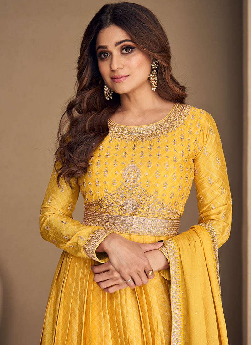 Bright Yellow Embroidery Bollywood Anarkali Gown
