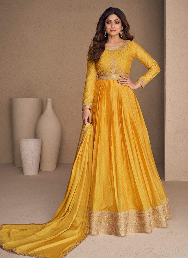 Bright Yellow Zari And Sequence Embroidery Anarkali Gown In Usa