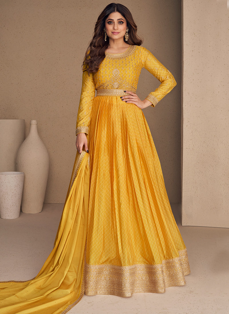 Bright Yellow Embroidery Bollywood Anarkali Gown