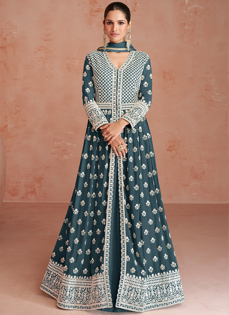 Slate Grey Embroidery Slit Style Festive Anarkali Lehenga